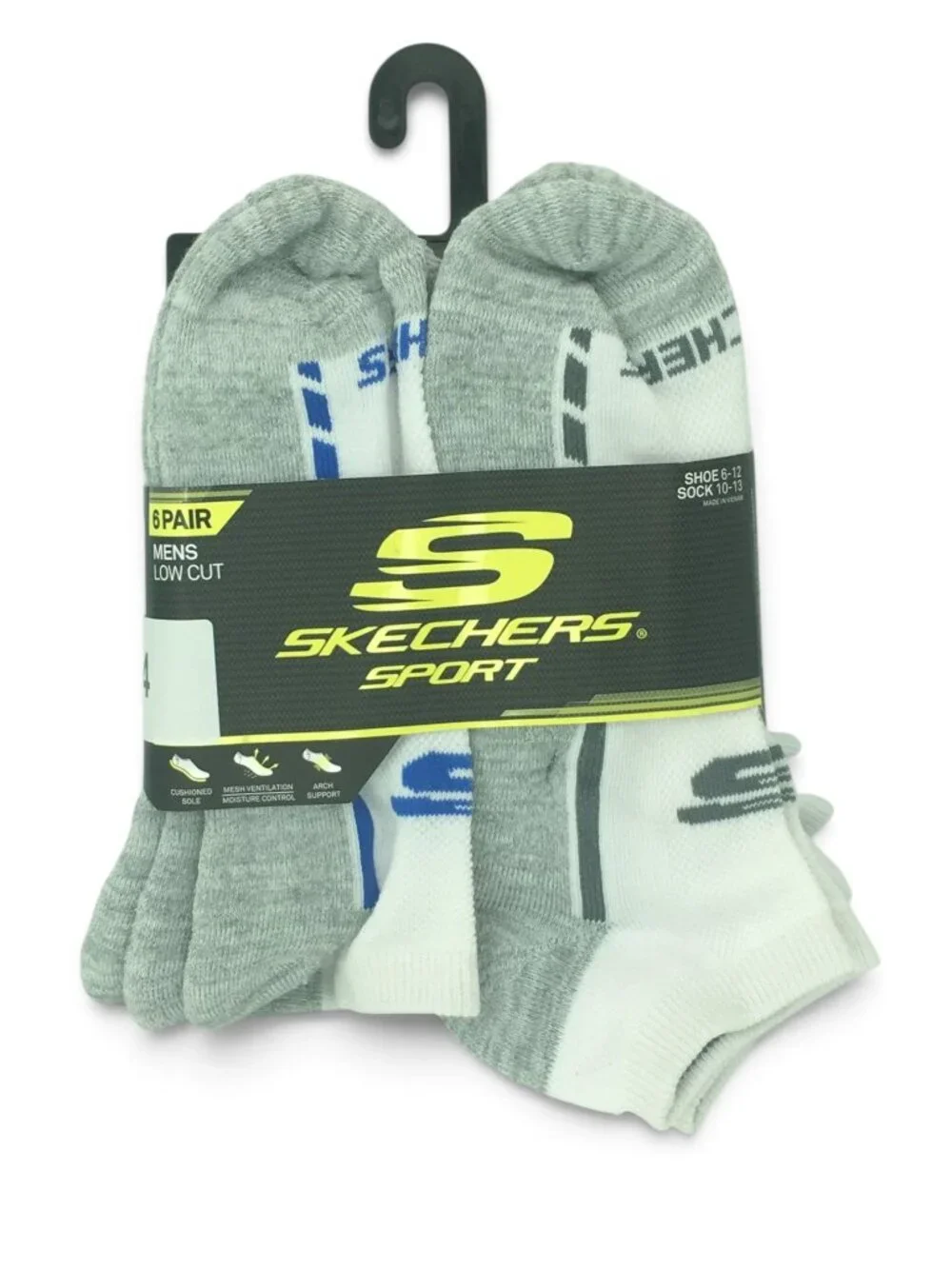Skechers Sport Men's Low Cut Socks 6 Pair Shoe Size 6-12 Gray White NEW